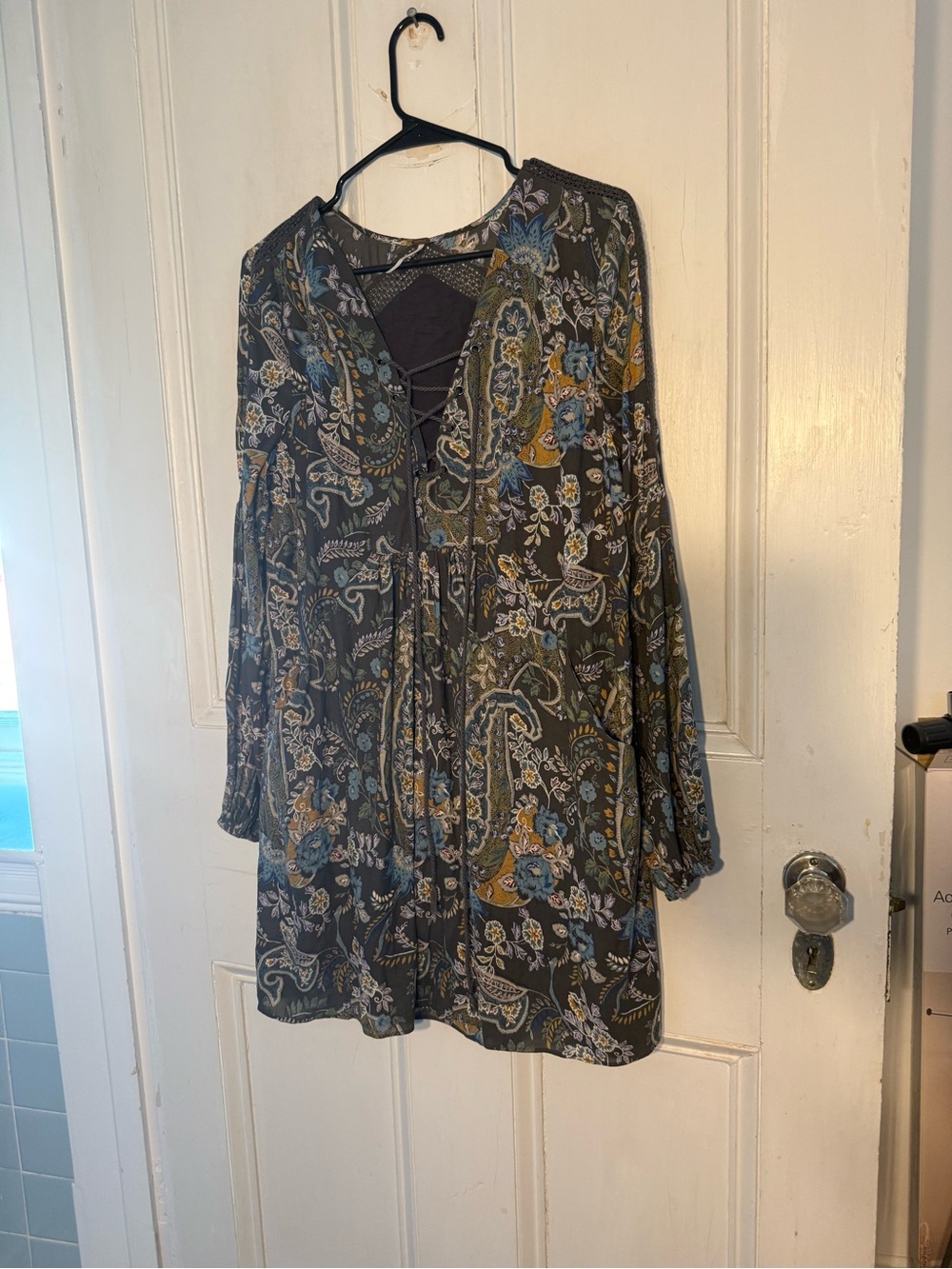 Free People Olive Paisley Lace-Up Peasant Tunic